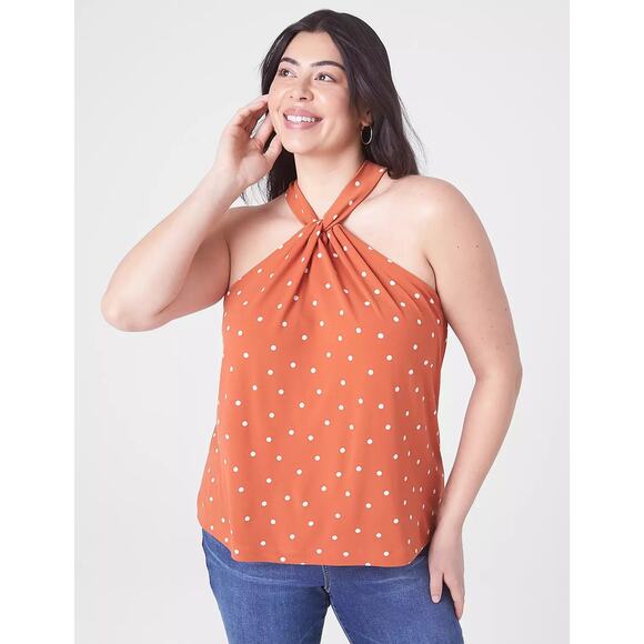 NWT Lane Bryant Size 14/16 Orange Dot Classic Sleeveless Twist Halter Neck Top - Picture 1 of 8